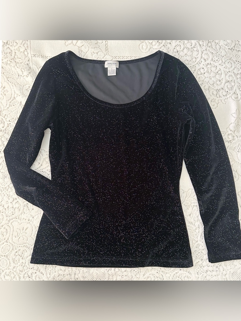 Vintage Size Large Nordstrom Black Glitter Velvet Top Long Sleeve Whimsigoth
